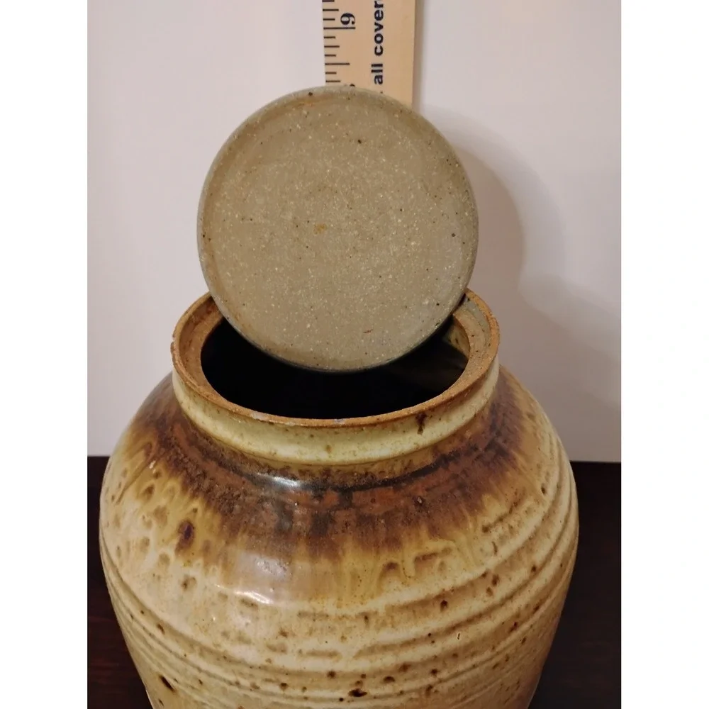 Studio Pottery Lidded Jar Signed Stoneware Rustic Earth Tone Speckled Glaze 7in